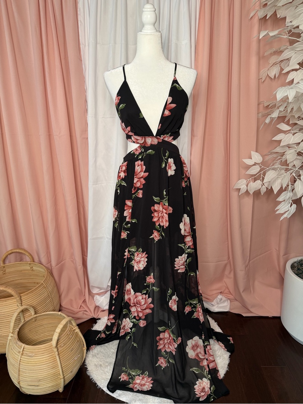 Fashion Nova Black Maxi Dress with Pink Floral Print